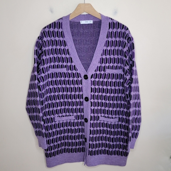 Mango MNG | Purple Geometric Longline Cardigan Sweater BTS Army Size Large - Picture 1 of 6